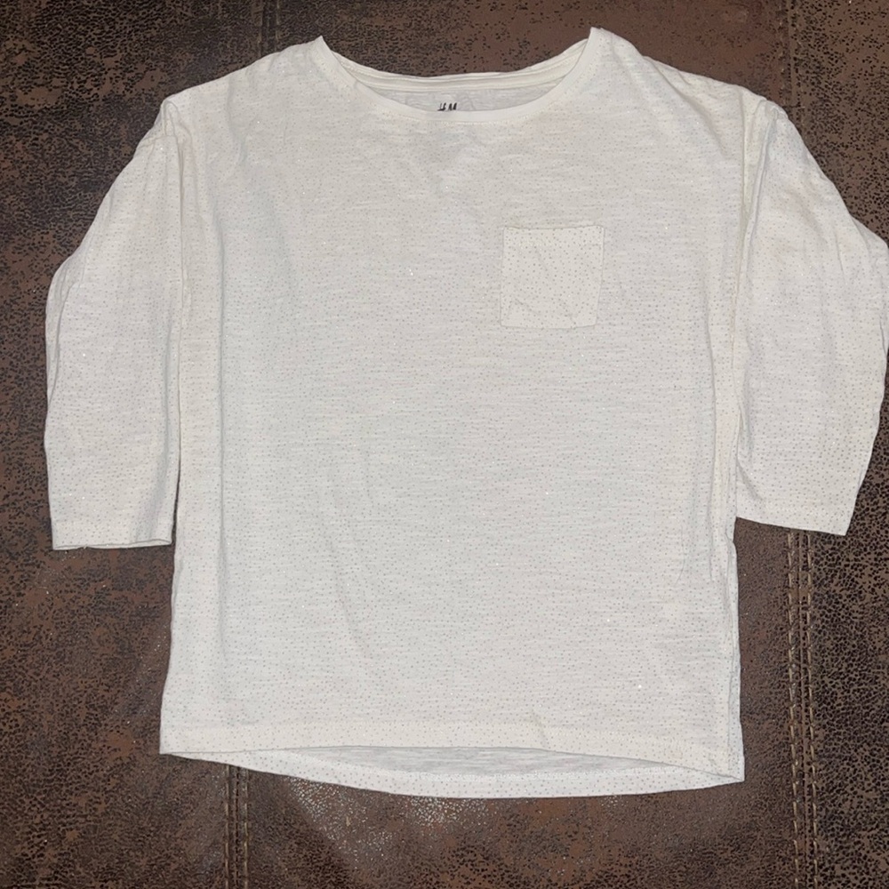 H&M Off-white with Silver Sparkle 3/4 Sleeve Organic Cotton T-shirt Size 6-8y